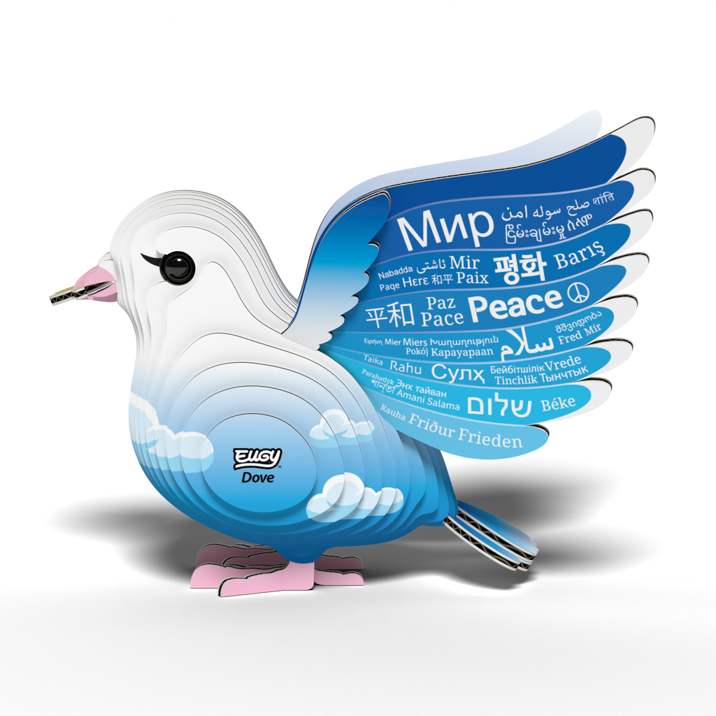 EUGY dove 3D puzzle made of eco-friendly cardboard featuring peace written on spread wings — view 3