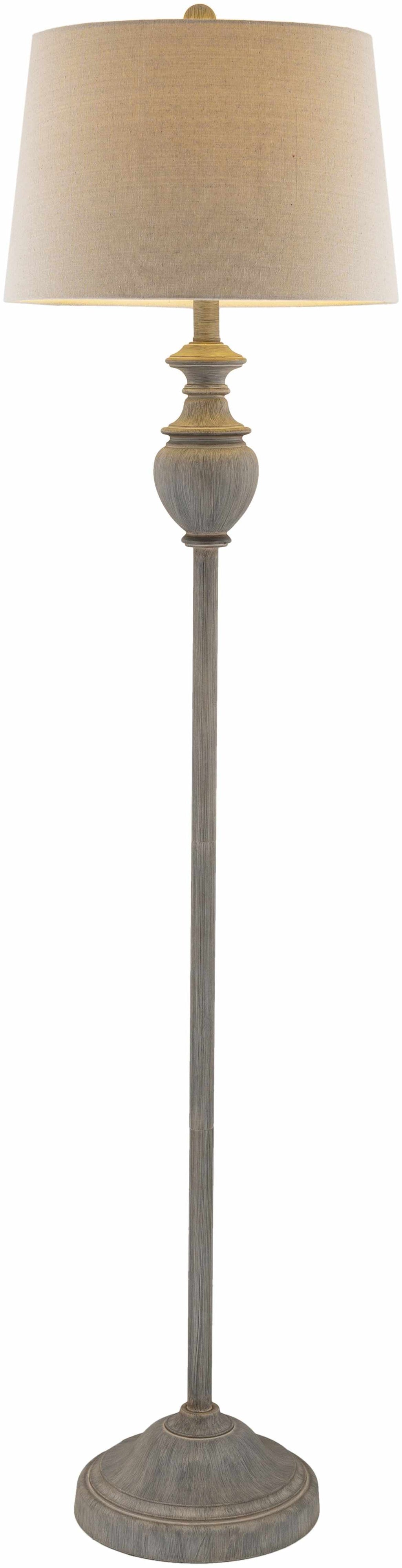 Binidayan traditional gray resin floor lamp featuring a classic white and beige linen fabric shade. — view 3