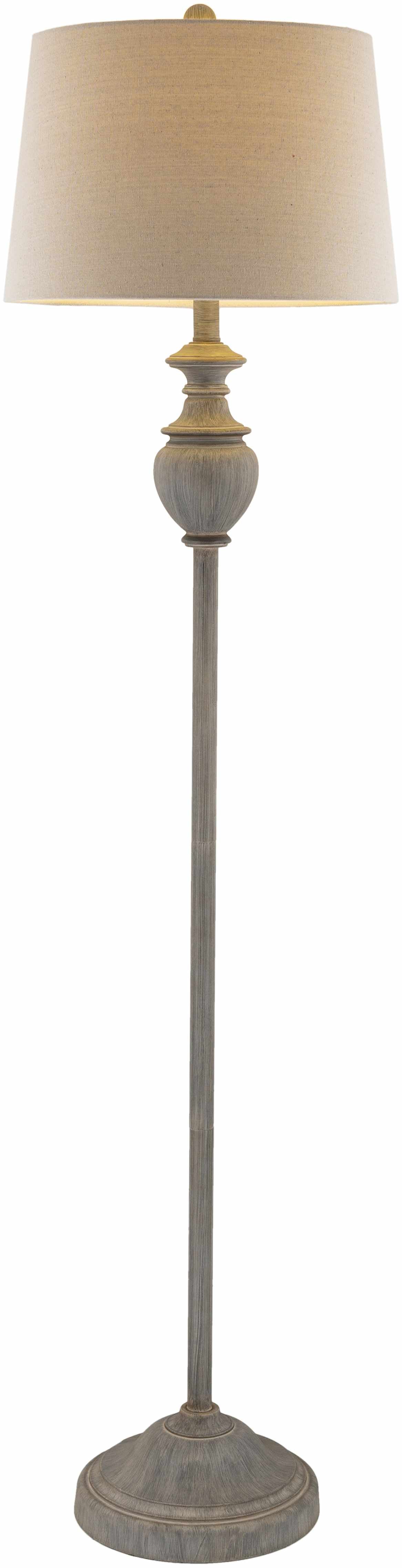 Binidayan traditional gray resin floor lamp featuring a classic white and beige linen fabric shade. — view 3