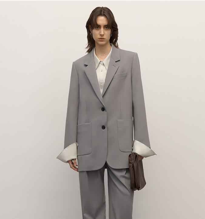Women's classic two-button loose straight wool blazer featuring an asymmetrical collar design. — view 4