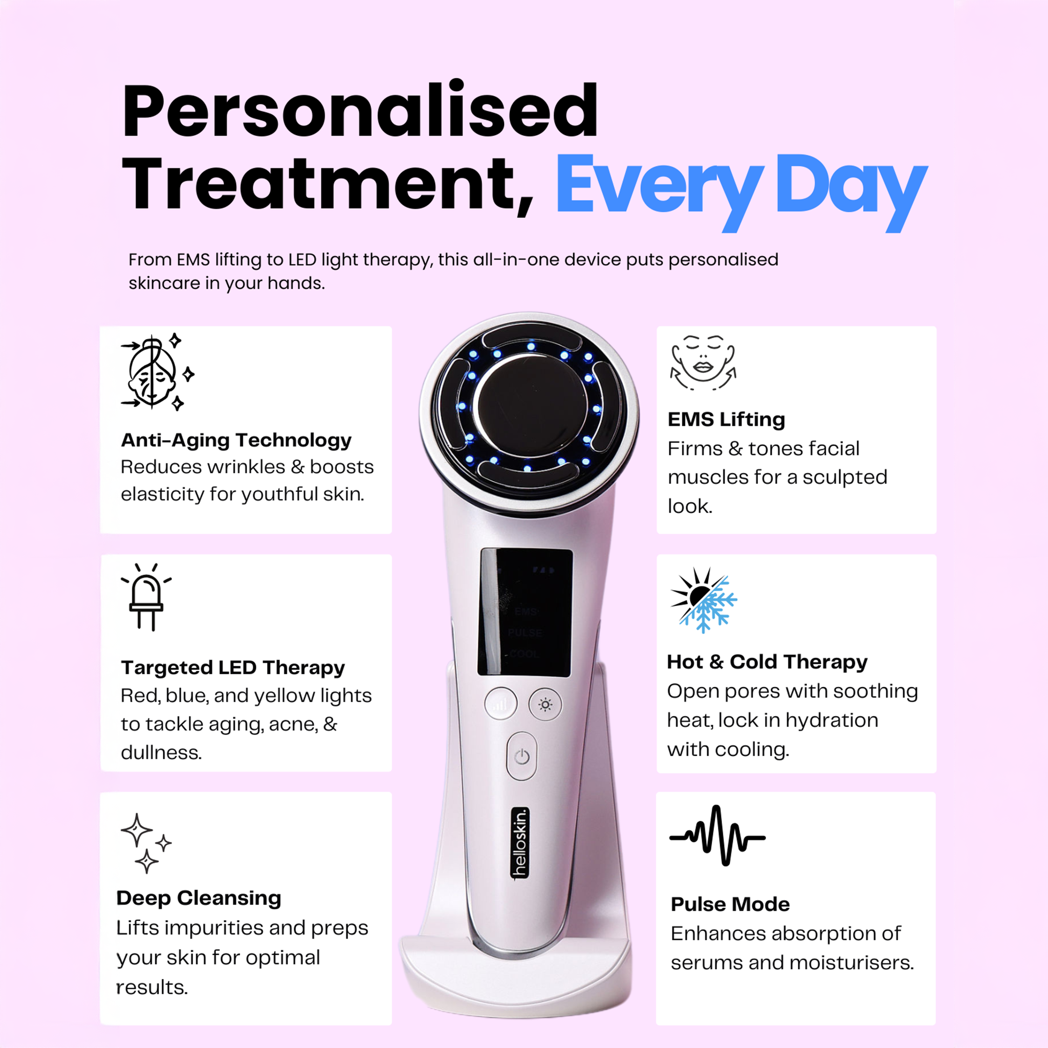 Helloskin V3 LED light therapy handset with three reusable makeup remover puffs and laundry bag — view 2