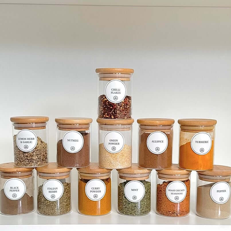 Clear glass 220ml spice jar with natural bamboo lid and silicone seal for pantry storage — view 4