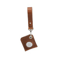 Leather AirTag bag charm attached to a metal ring, crafted from full-grain premium Italian leather