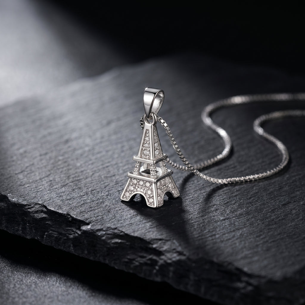Paris Eiffel Tower Pendant Necklace in Sterling Silver with Zirconia