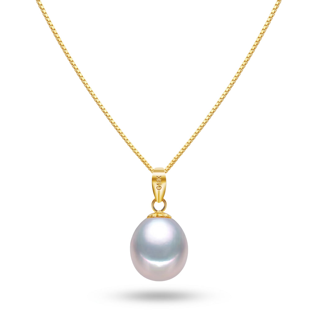 Freshwater pearl pendant necklace in 18K gold plated 925 sterling silver with elegant box chain on white background.