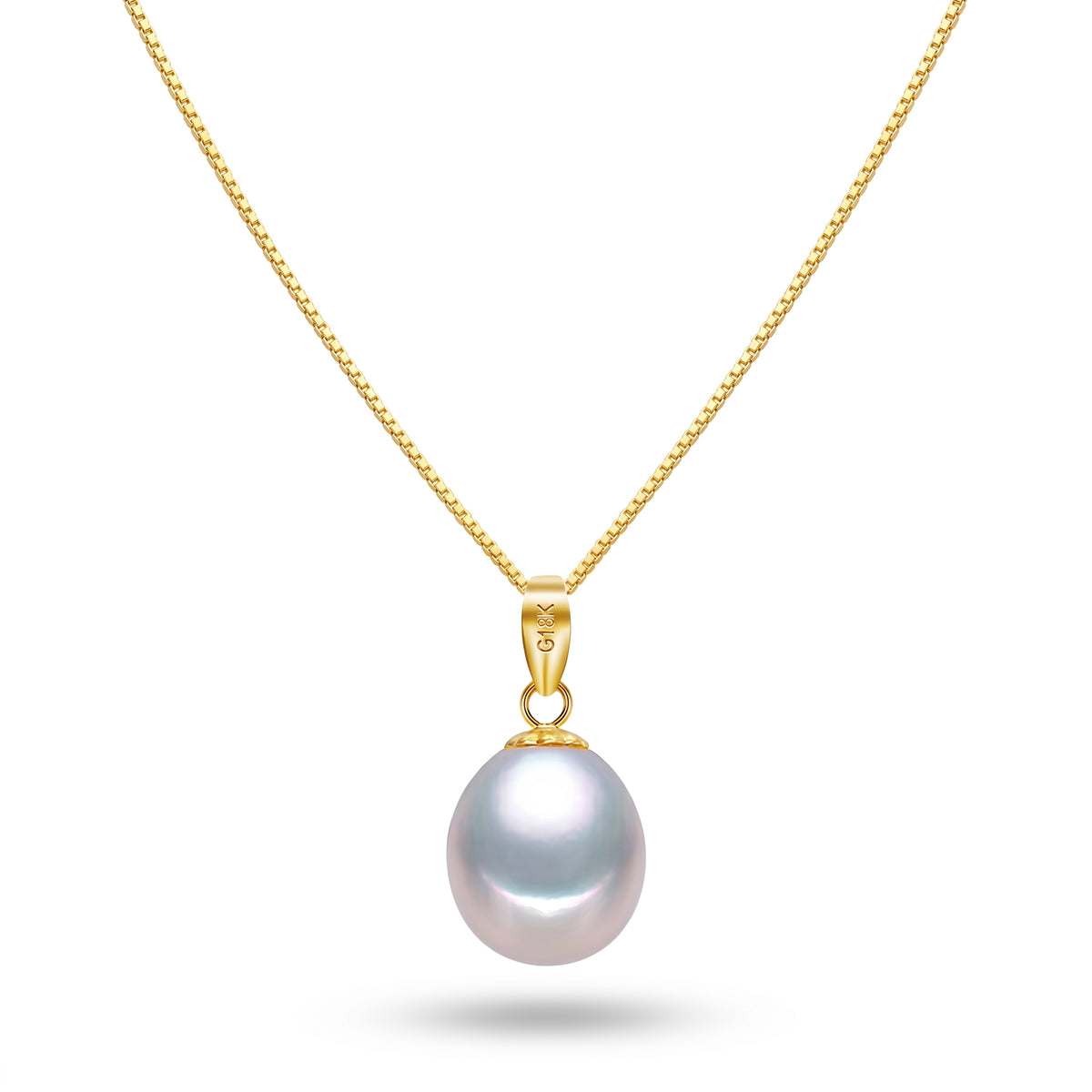 Freshwater pearl pendant necklace in 18K gold plated 925 sterling silver with elegant box chain on white background.