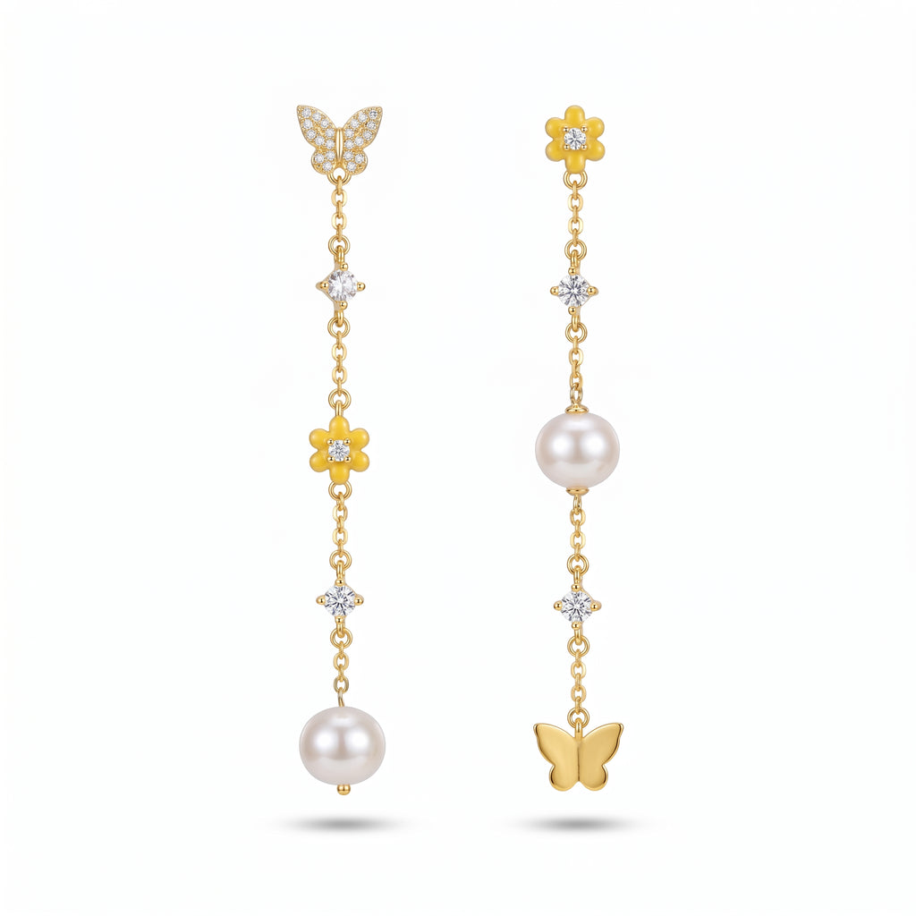 18K gold plated 925 sterling silver butterfly pearl drop earrings with cubic zirconia