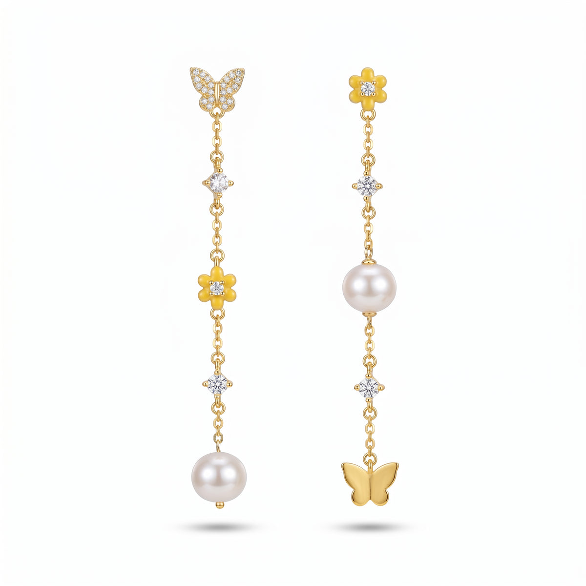 18K gold plated 925 sterling silver butterfly pearl drop earrings with cubic zirconia