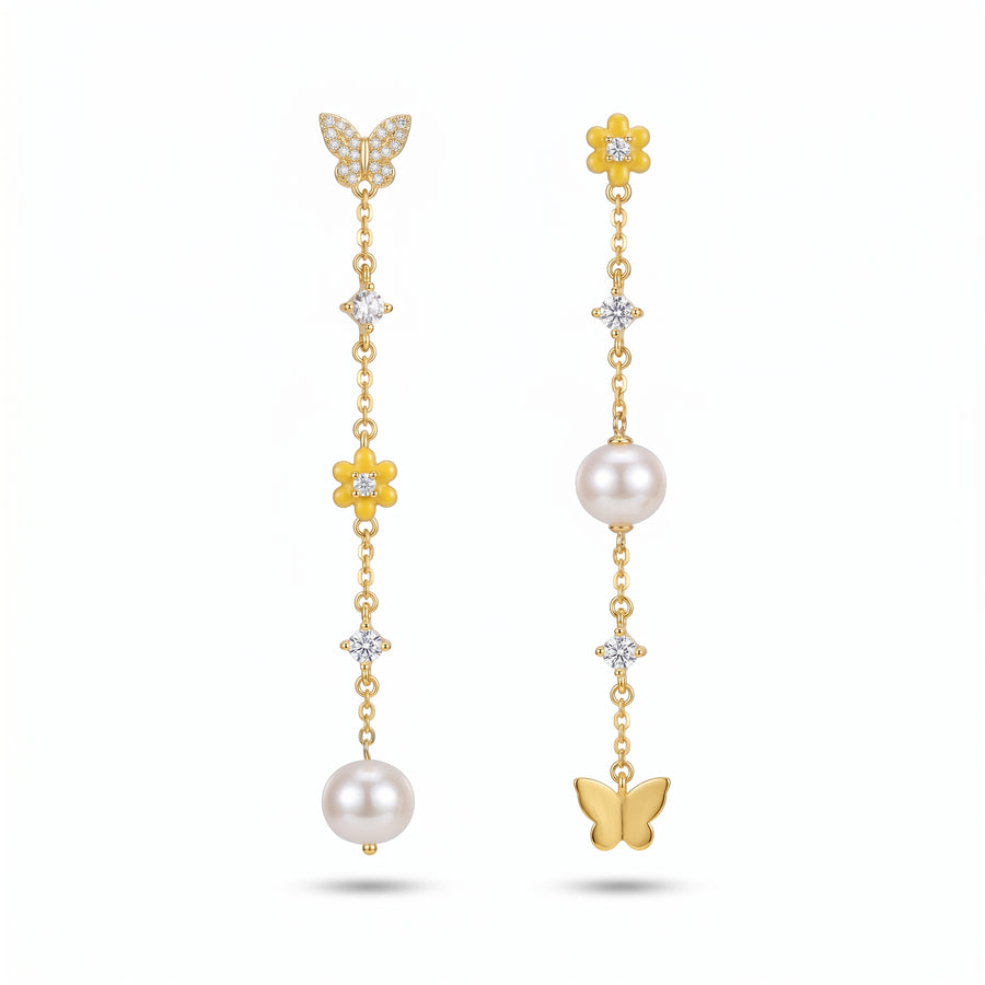 Gold Plated 925 Sterling Silver Long Drop Butterfly & Pearl Earrings