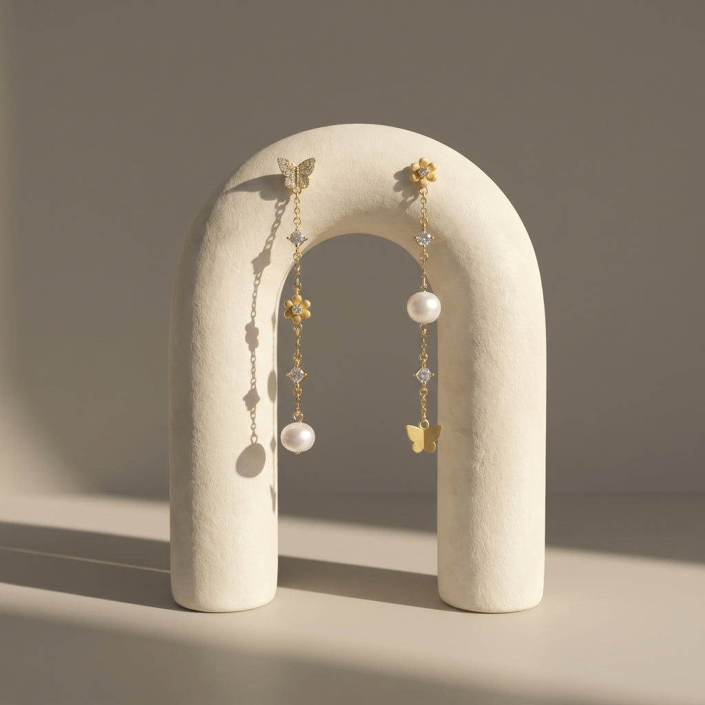 Woman wearing 18K gold plated sterling silver butterfly pearl drop earrings with cubic zirconia and freshwater pearls