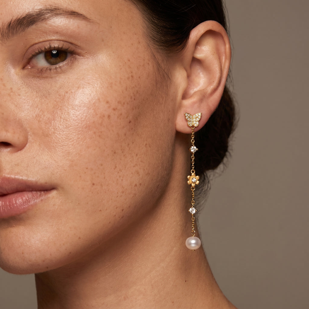  18K gold plated asymmetrical dangle earrings with zirconia stones