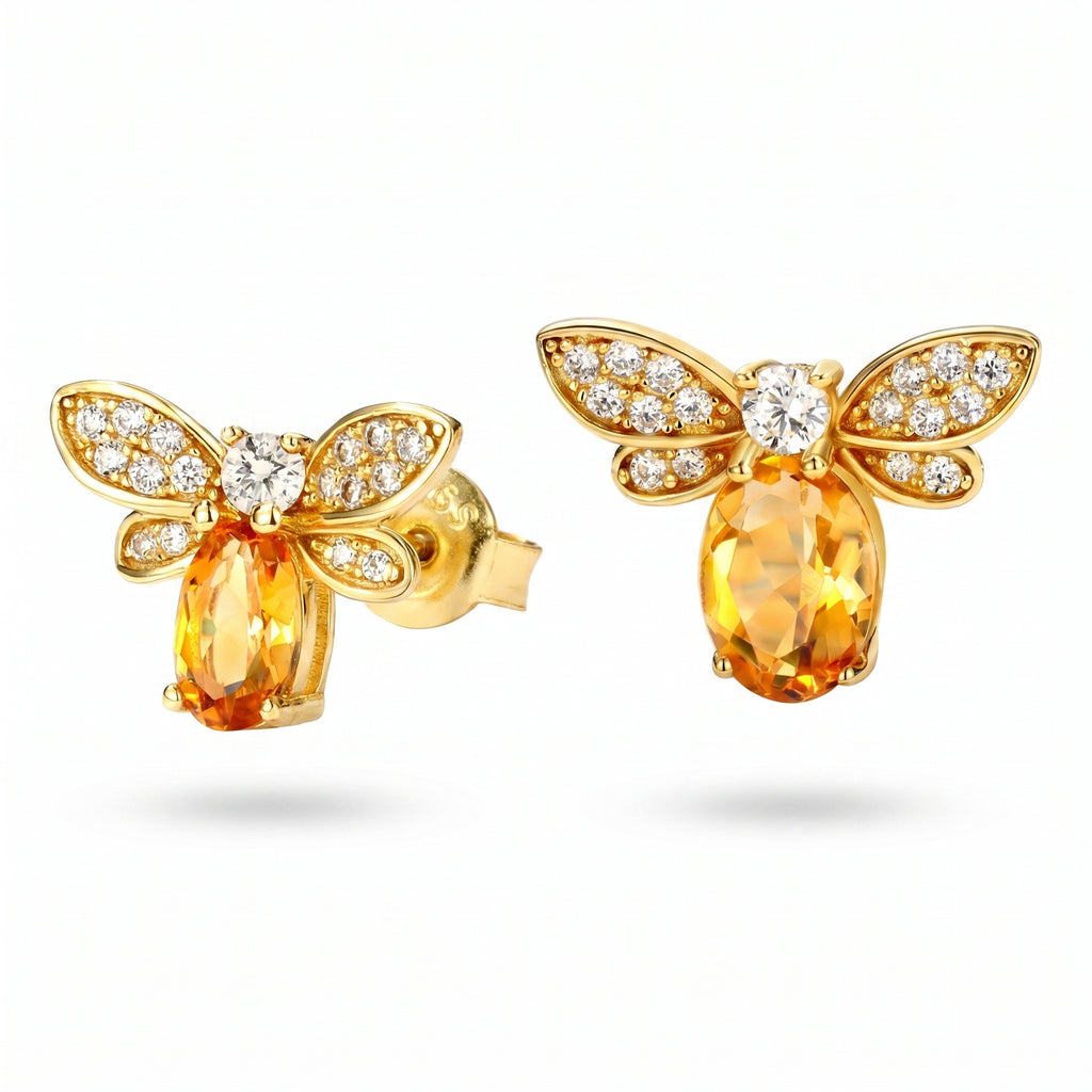 Gold Honey Bee Stud Earrings in 18K Gold Plated 925 Sterling Silver with Citrine and Cubic Zirconia