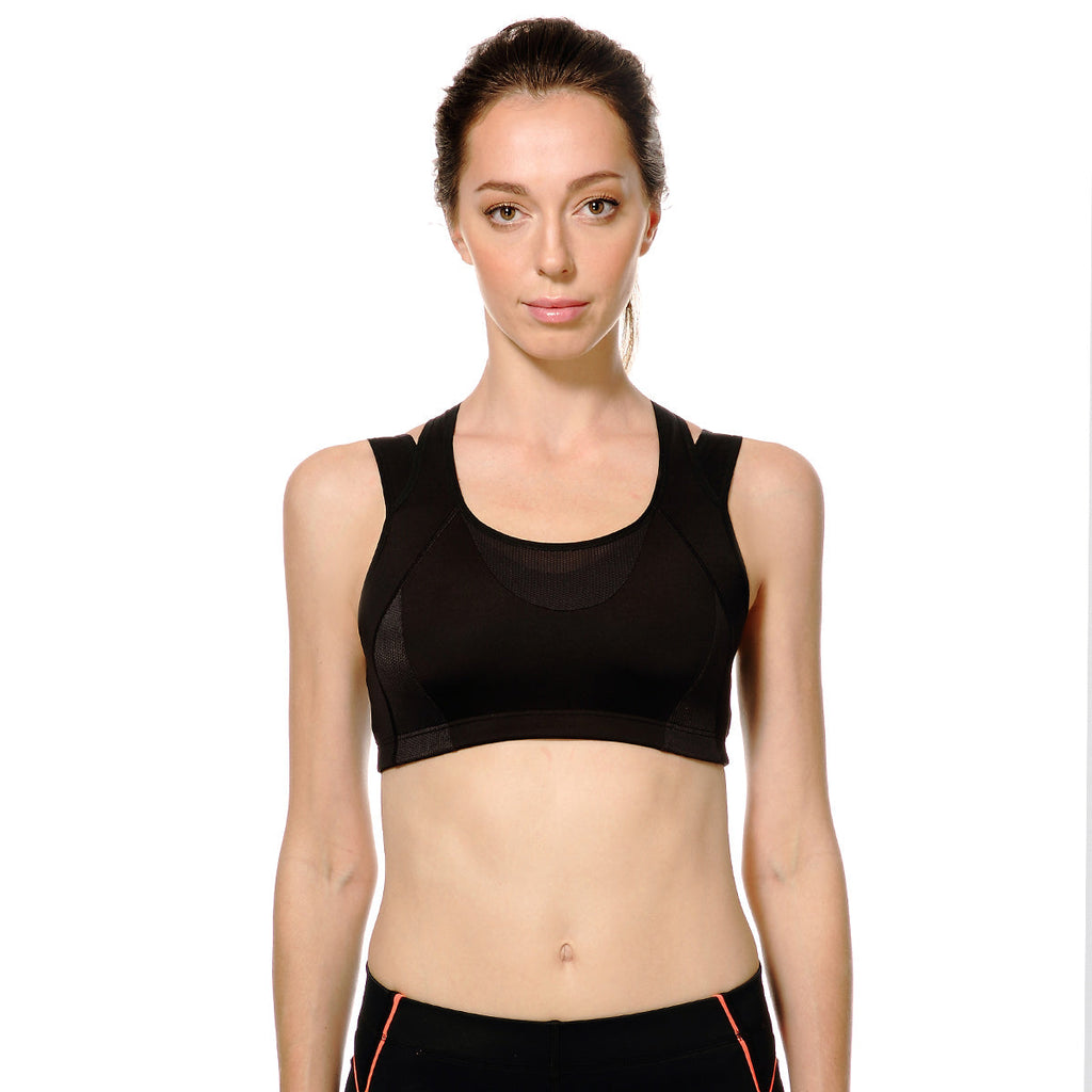 High impact wireless running sports bra with breathable mesh panels, racerback design, and double straps — view 2