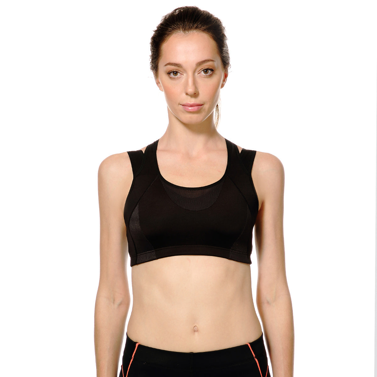 High impact wireless running sports bra with breathable mesh panels, racerback design, and double straps — view 2