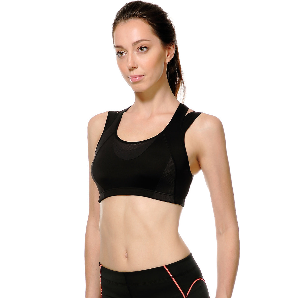 High impact wireless running sports bra with breathable mesh panels, racerback design, and double straps — view 3