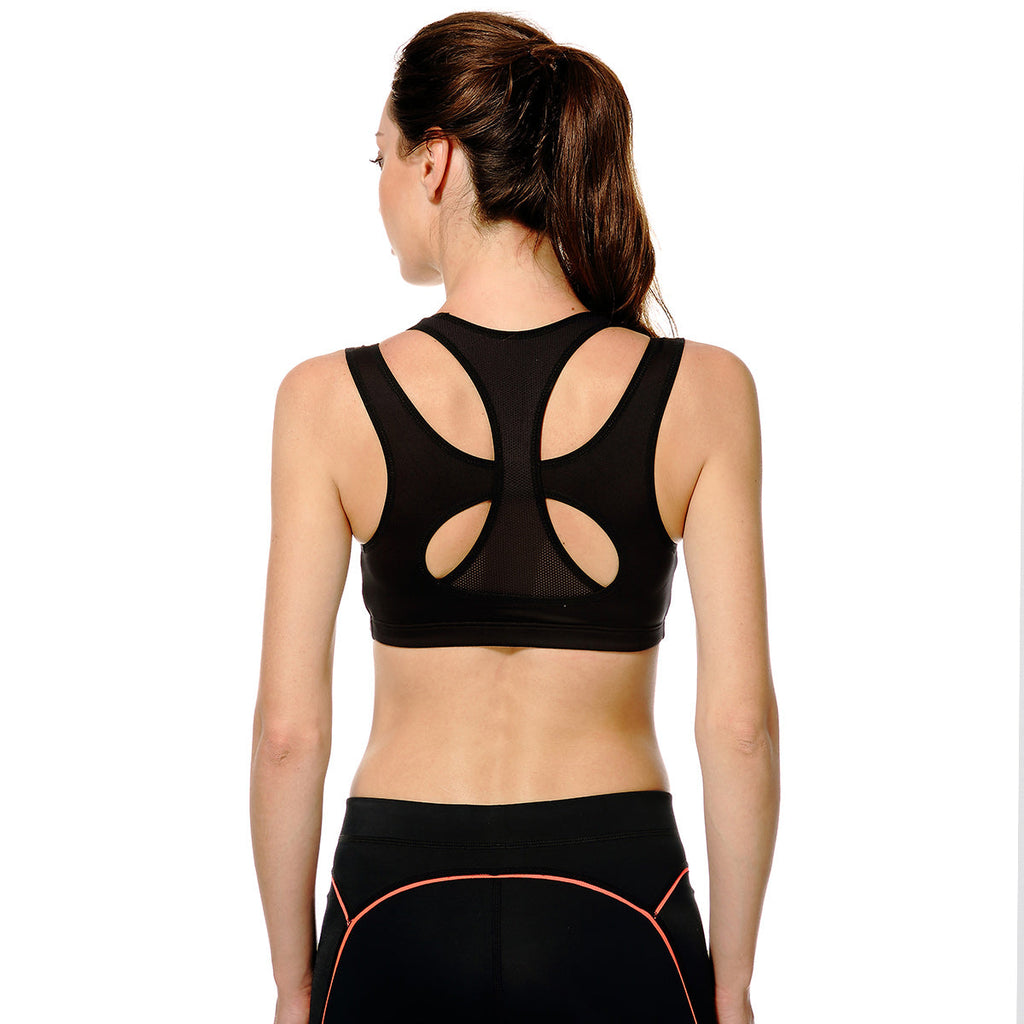 High impact wireless running sports bra with breathable mesh panels, racerback design, and double straps — view 4