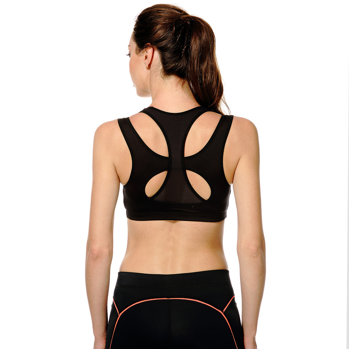 High impact wireless running sports bra with breathable mesh panels, racerback design, and double straps — view 4