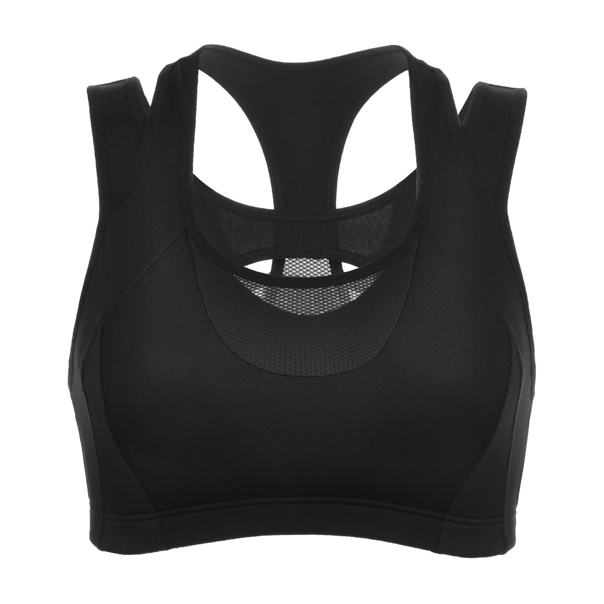 High impact wireless running sports bra with breathable mesh panels, racerback design, and double straps — view 5