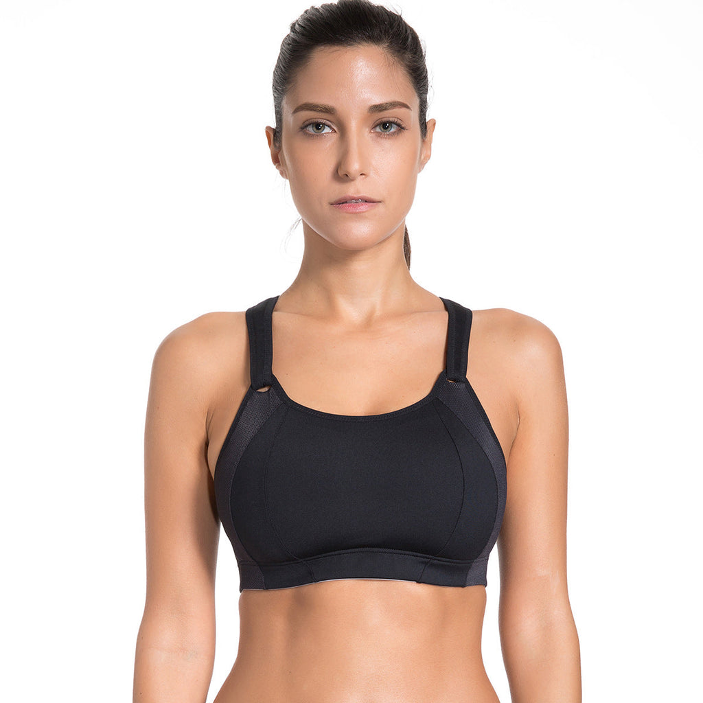 Women's high impact wireless running bra with breathable mesh inserts and adjustable velcro straps — view 2