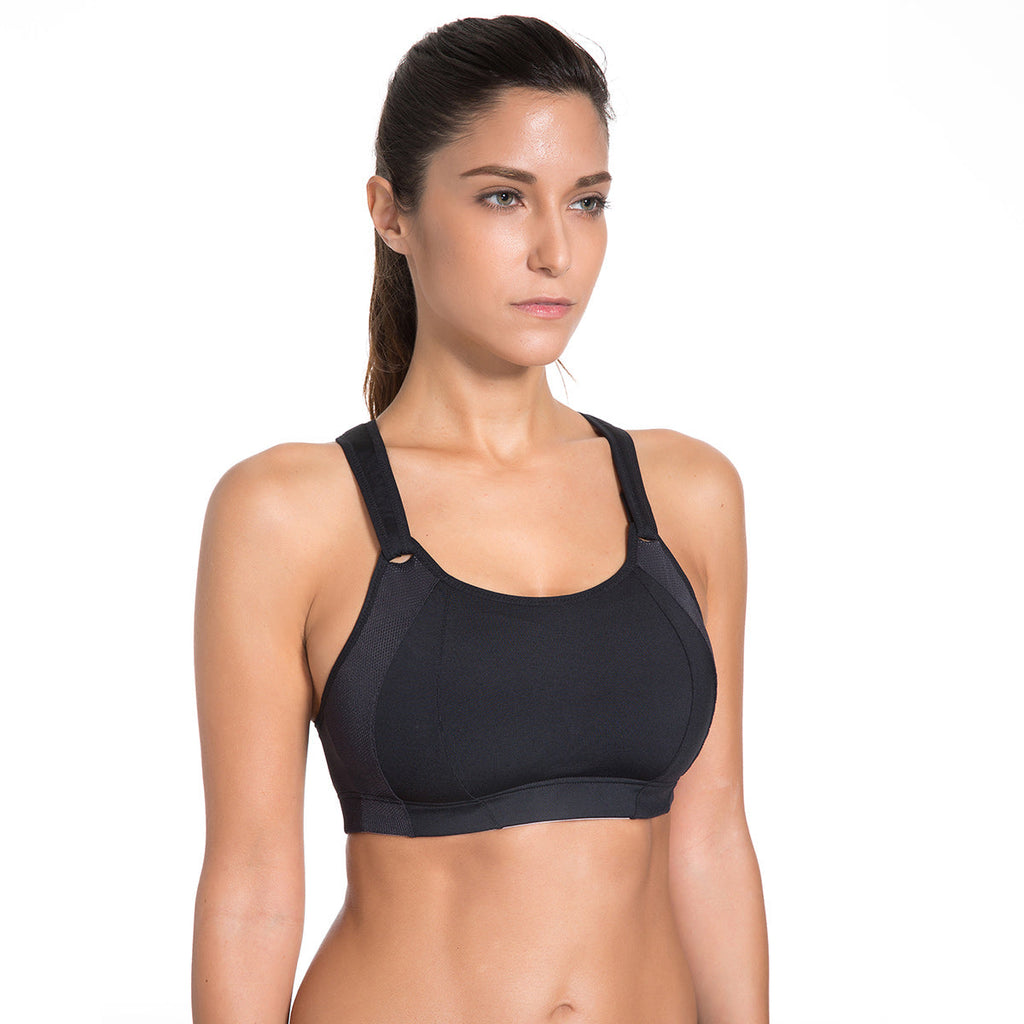 Women's high impact wireless running bra with breathable mesh inserts and adjustable velcro straps — view 3