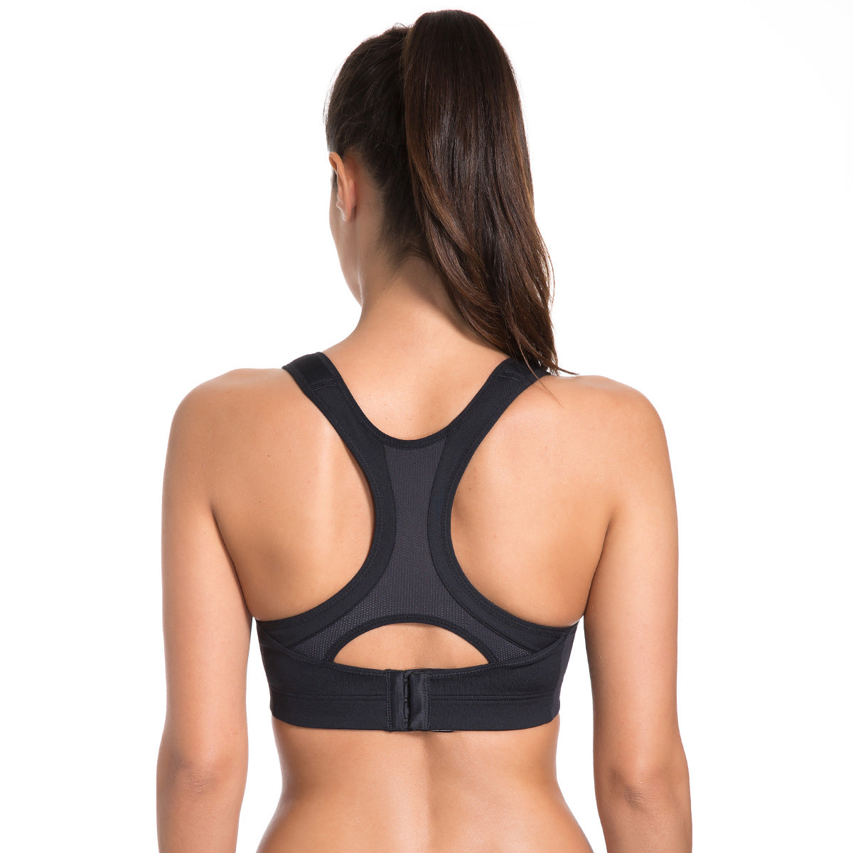 Women's high impact wireless running bra with breathable mesh inserts and adjustable velcro straps — view 4
