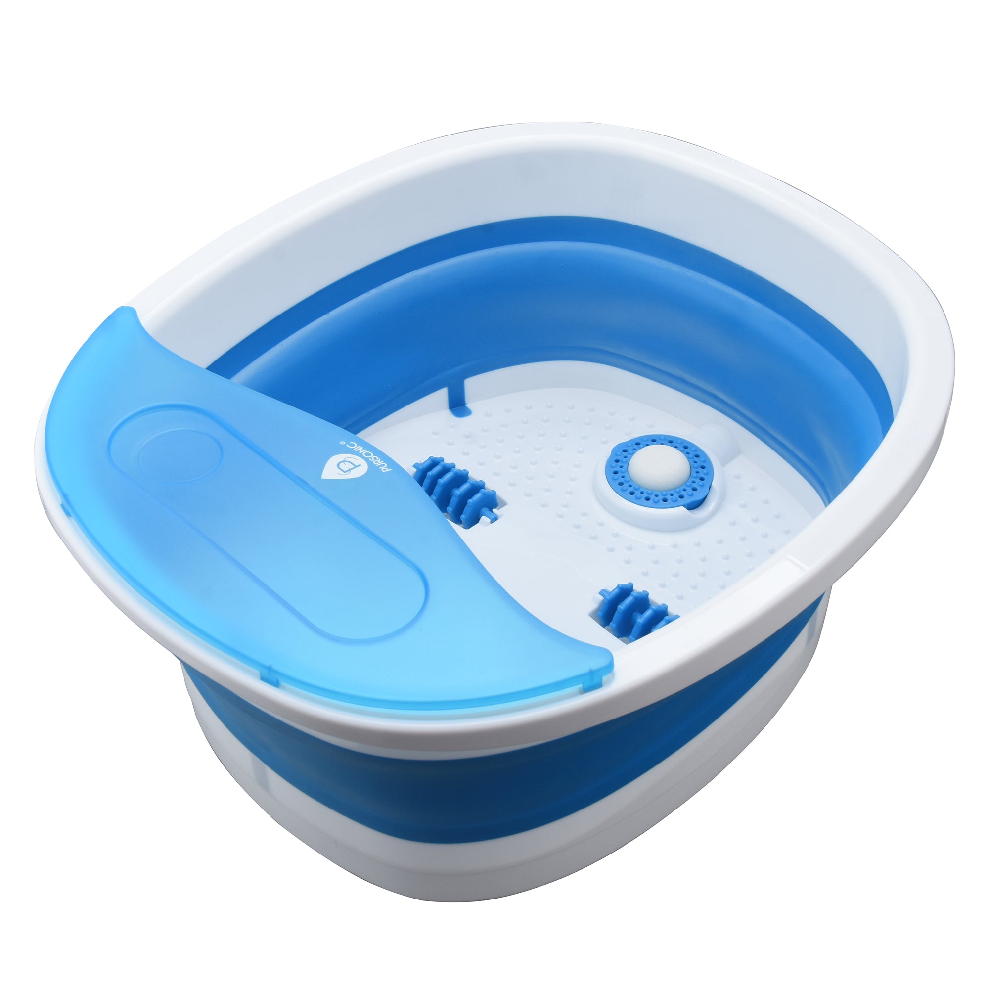 Home spa relaxation trio featuring wooden foot massager, collapsible footbath, and portable handheld massager. — view 3