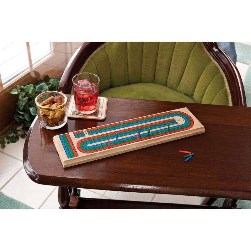 Wooden Barony cribbage board made of solid pine with red, blue, and green scoring pegs. — view 3