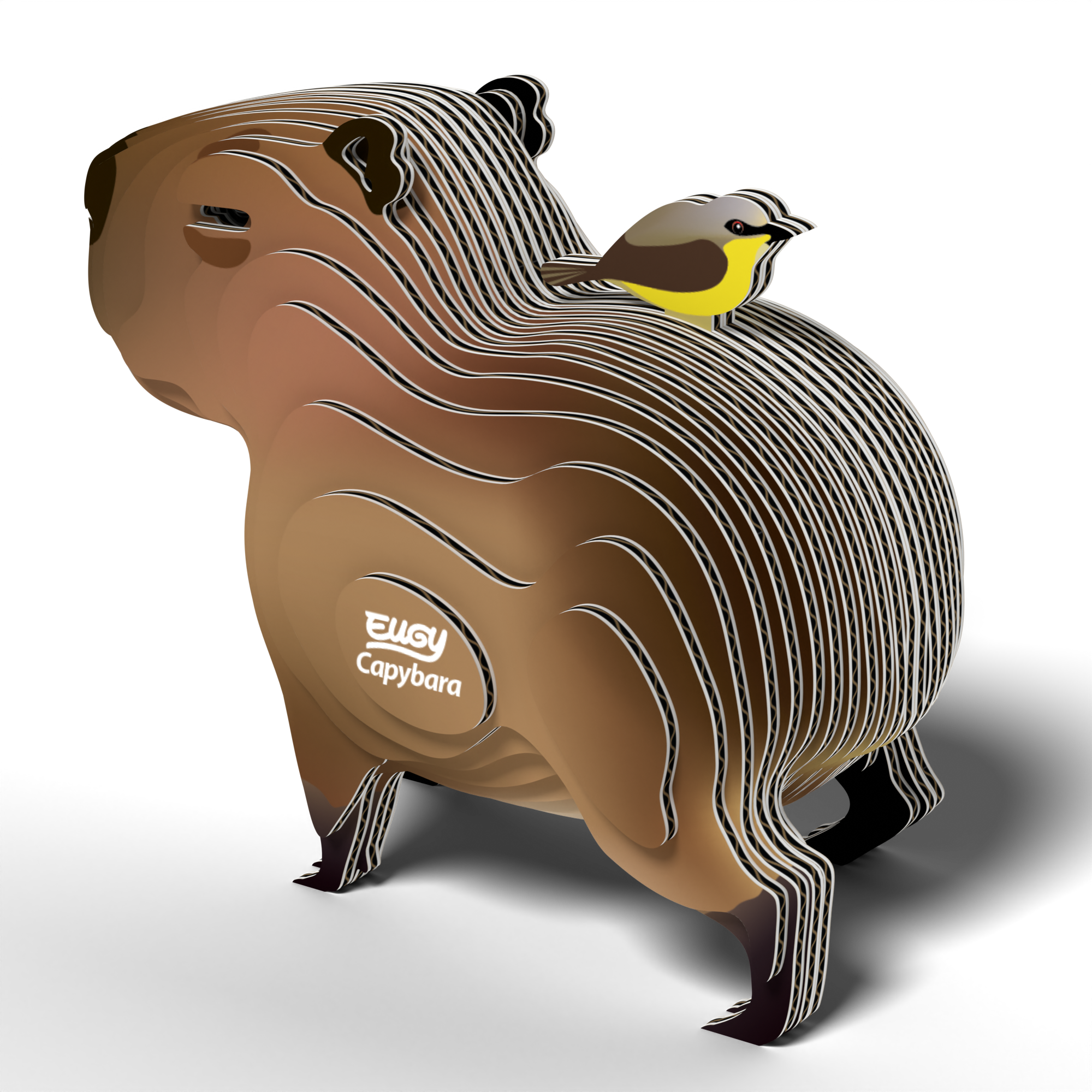 Eco-friendly 3D cardboard puzzle of a capybara with a tiny bird resting on its back — view 3