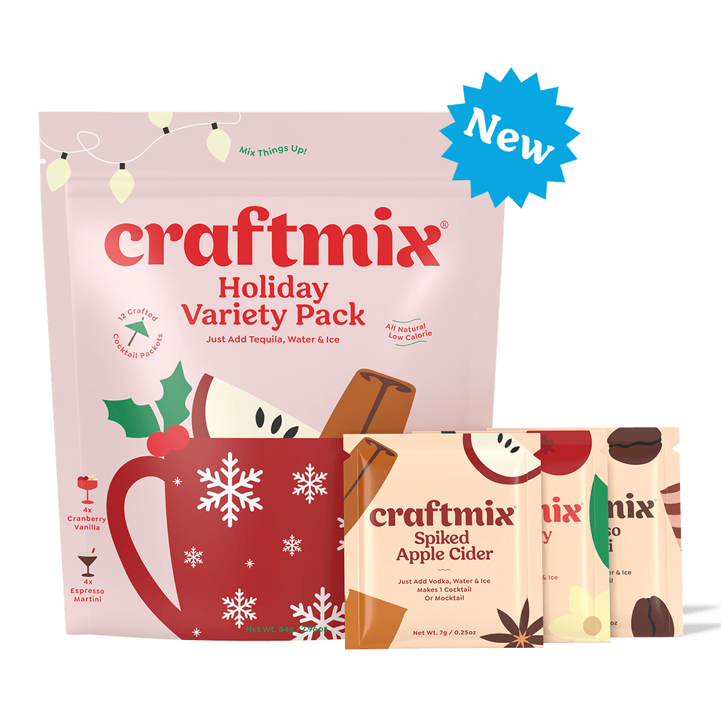 Craftmix holiday variety pack with 12 cocktail mix packets in festive winter packaging