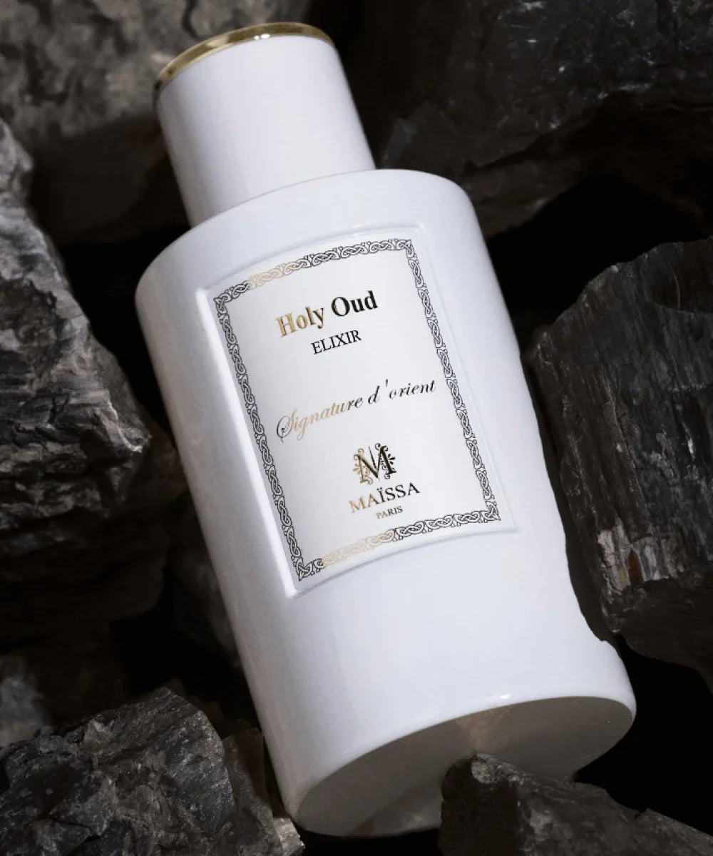 Holy Oud Maïssa 100ml glass perfume bottle with elegant gold accents and luxurious packaging — view 4