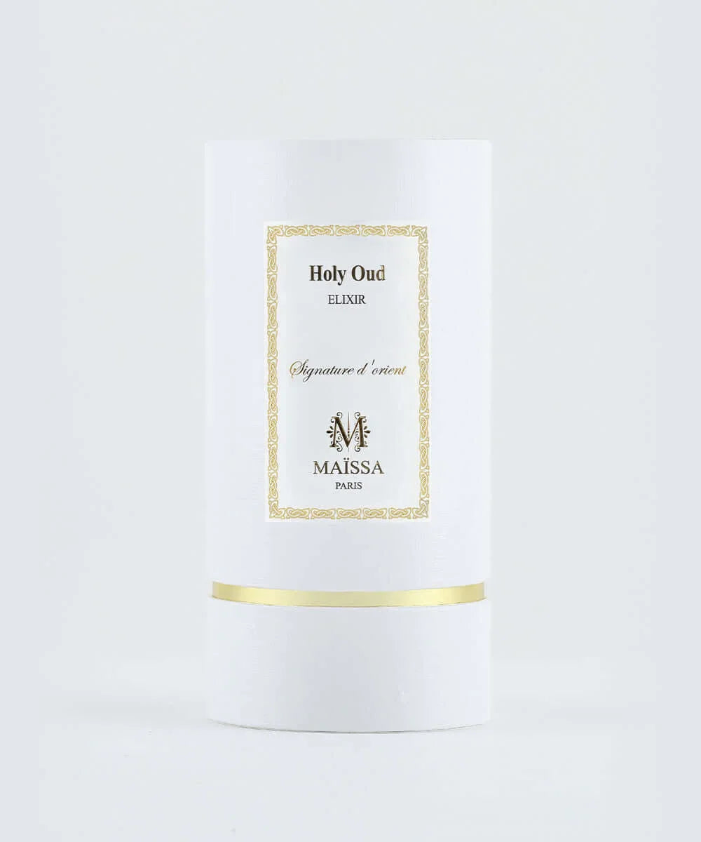 Holy Oud Maïssa 100ml glass perfume bottle with elegant gold accents and luxurious packaging — view 2