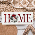 Handcrafted wooden Christmas Home sign featuring a festive holiday wreath replacing the letter O