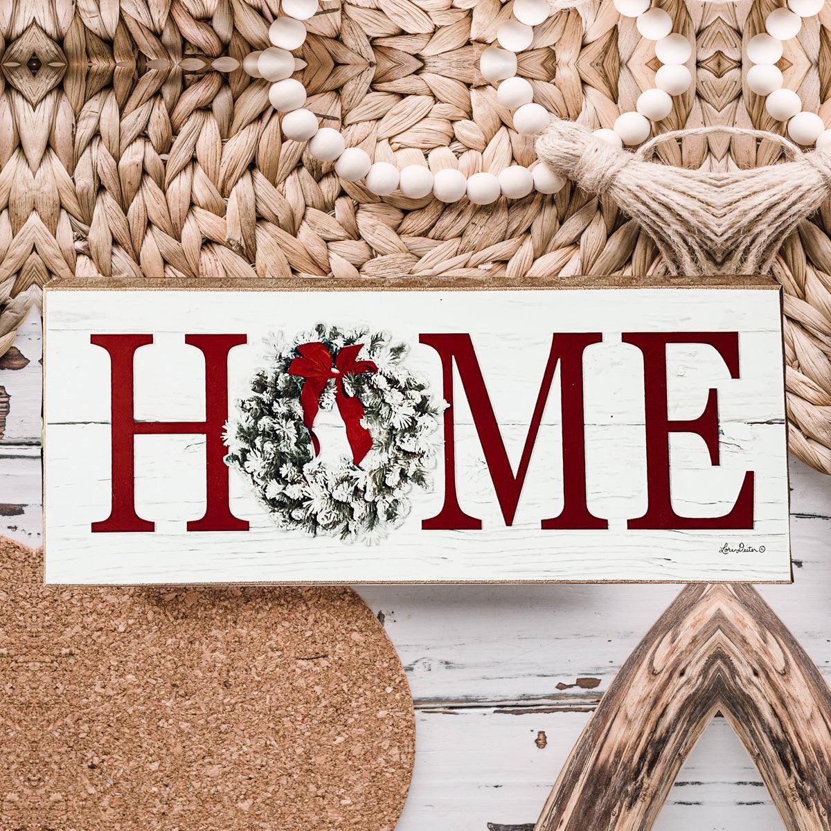 Handcrafted wooden Christmas Home sign featuring a festive holiday wreath replacing the letter O
