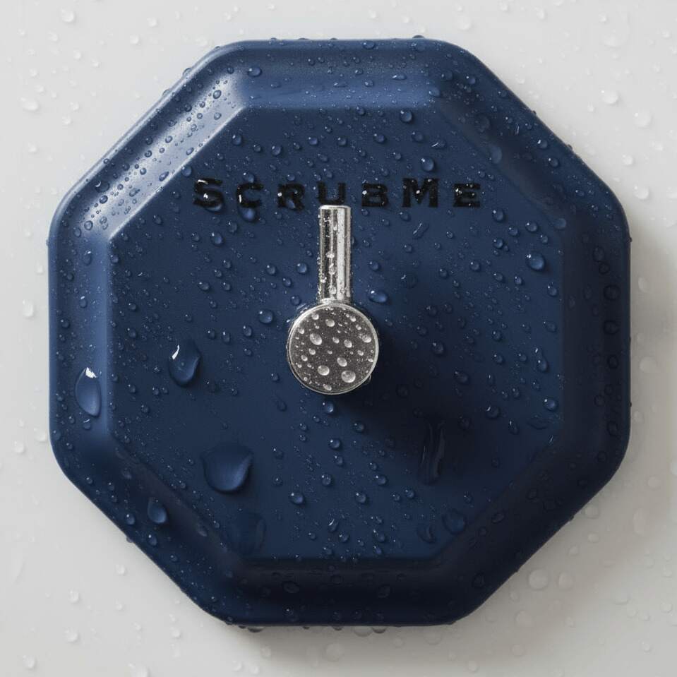Self adhesive wall hook on a smooth bathroom tile holding a blue hanging shower towel — view 2