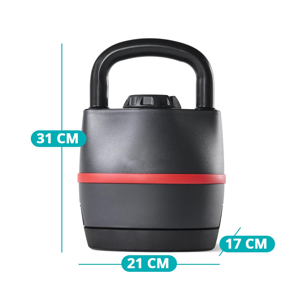 Black adjustable kettlebell with an ergonomic handle showcasing removable steel weight plates for home fitness — view 5