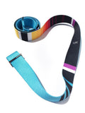 Blue patterned Horatio yoga stretching strap made of organic cotton with polished metal D-ring buckles.