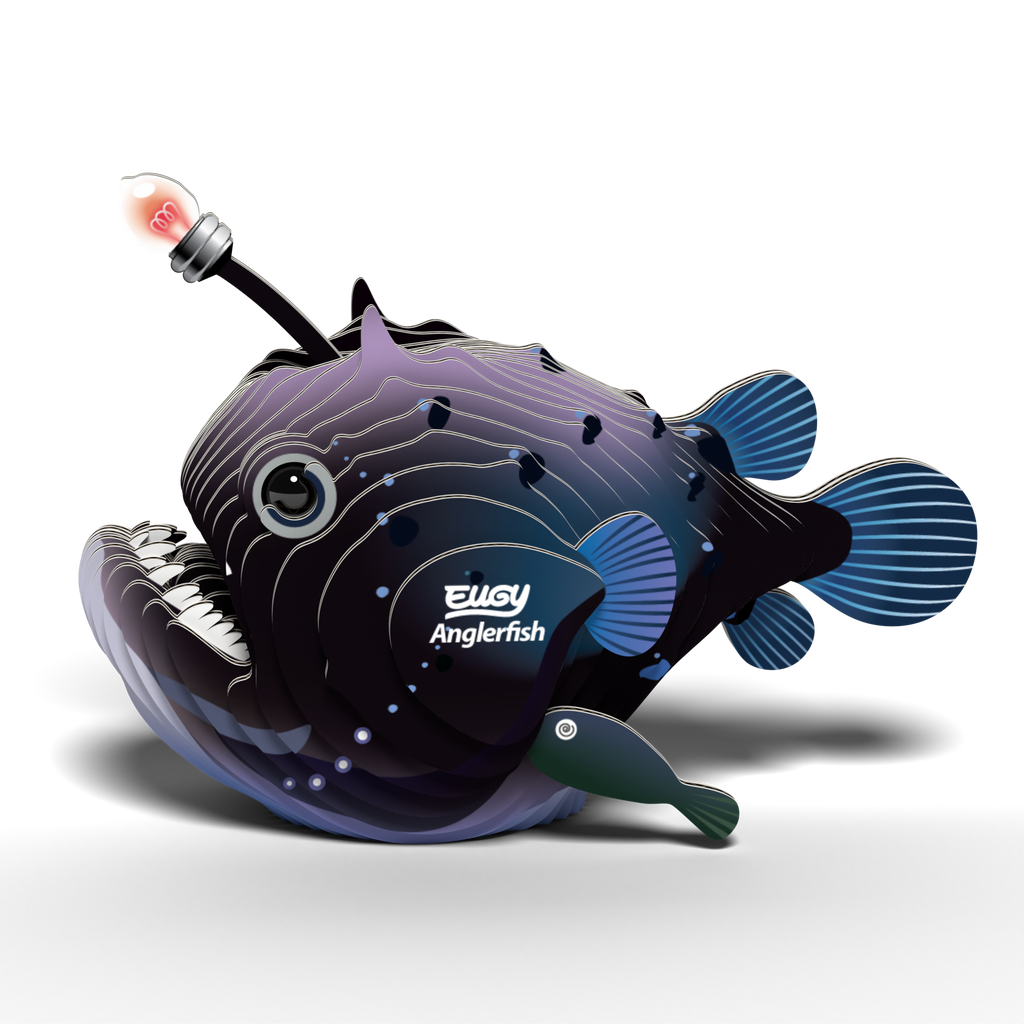 Completed eco-friendly EUGY Anglerfish 3D cardboard puzzle with bioluminescent lure and tiny parasitic male companion. — view 4
