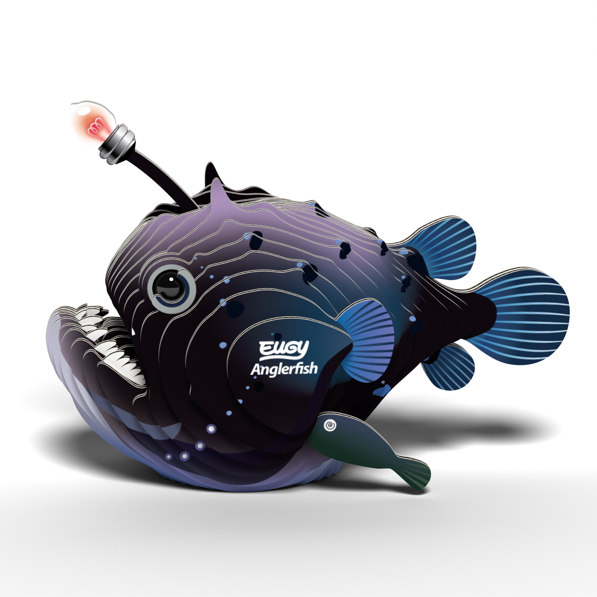Completed eco-friendly EUGY Anglerfish 3D cardboard puzzle with bioluminescent lure and tiny parasitic male companion. — view 4