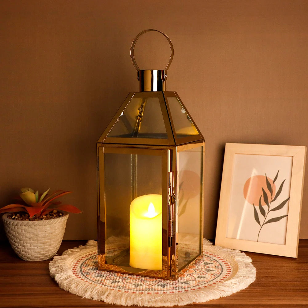 Vintage gold stainless steel decorative candle lantern with glass panes and top hanging ring. — view 3