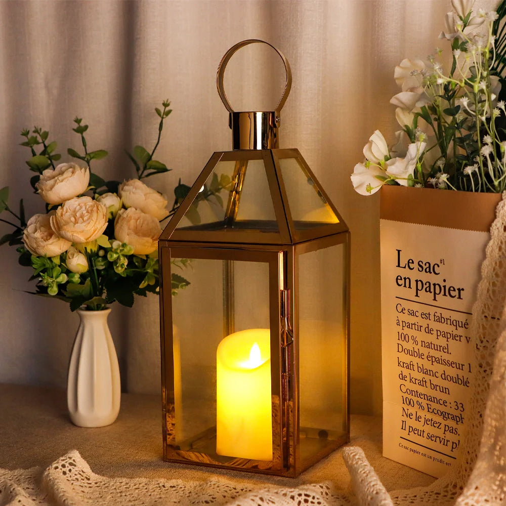 Vintage gold stainless steel decorative candle lantern with glass panes and top hanging ring. — view 4