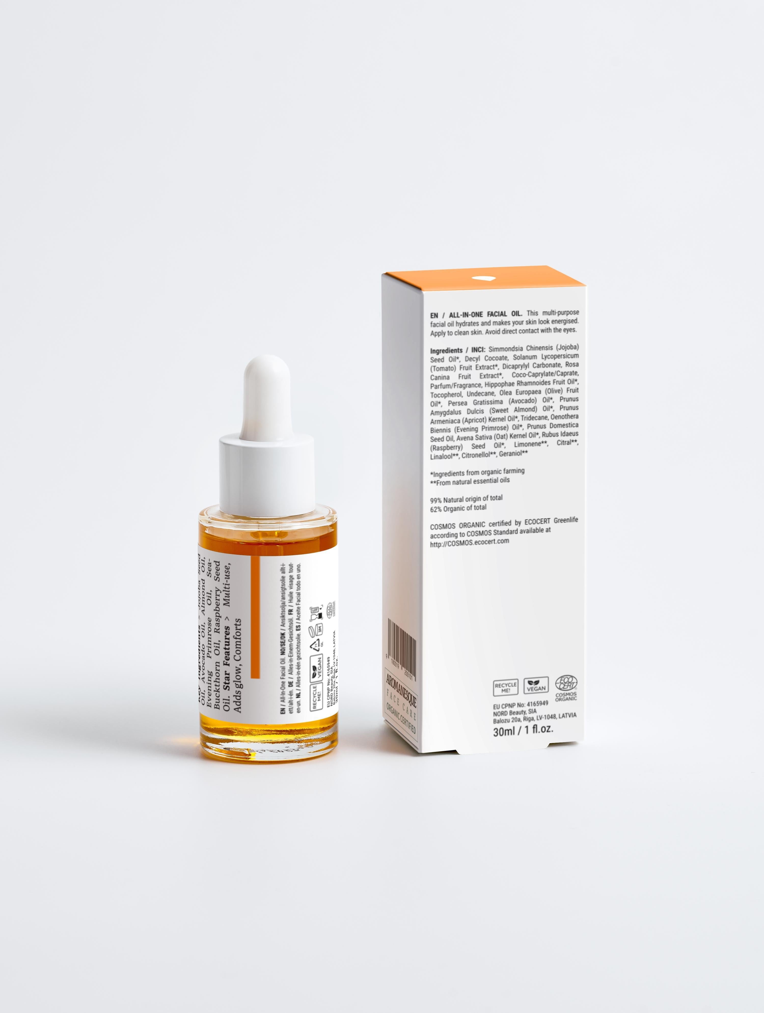Aromanesque all-in-one facial oil in a minimalist white bottle for hydrating dry and mature skin — view 5