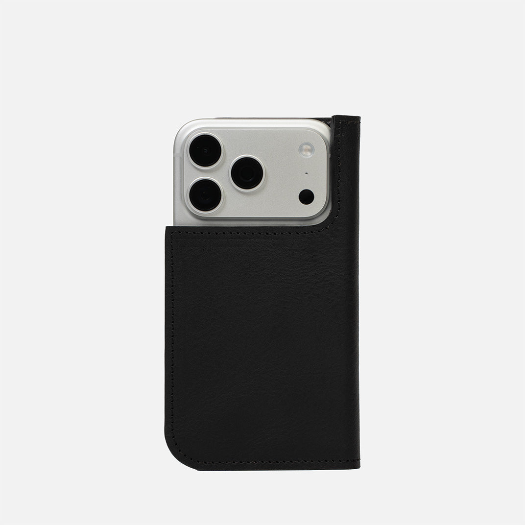 Premium full-grain leather iPhone 17 MagSafe folio case wallet open showing card slots and suede interior