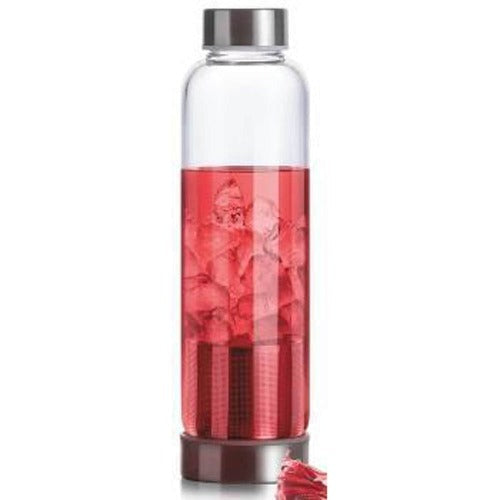 Glass iced tea infuser bottle with built in bottom strainer for loose leaf cold brewing.