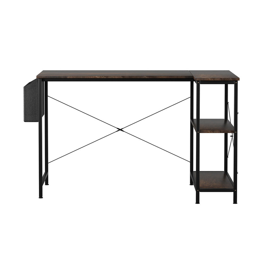 Brown industrial L-shaped computer desk with steel frame and three-tier storage rack