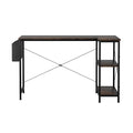 Brown industrial L-shaped computer desk with steel frame and three-tier storage rack