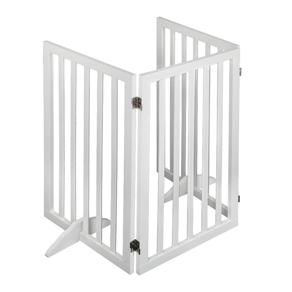 White freestanding wooden pet gate with foldable panels and rubber feet for indoor dog safety