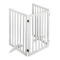 White freestanding wooden pet gate with foldable panels and rubber feet for indoor dog safety