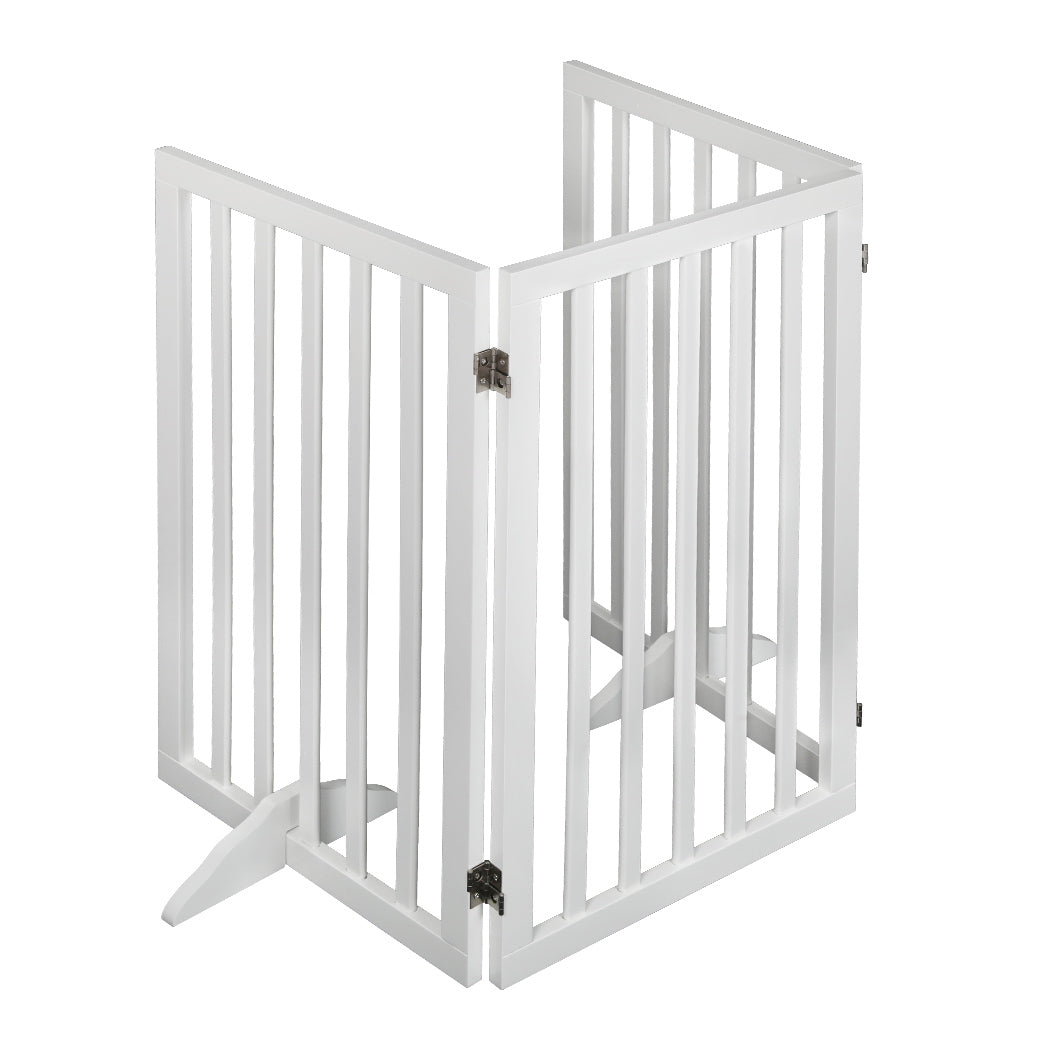 White freestanding wooden pet gate with foldable panels and rubber feet for indoor dog safety