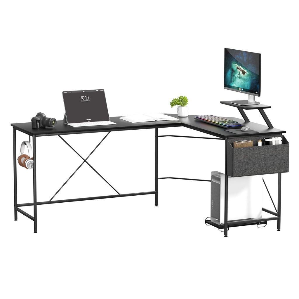 Black L-shaped corner desk with movable monitor stand and side storage bag for home office