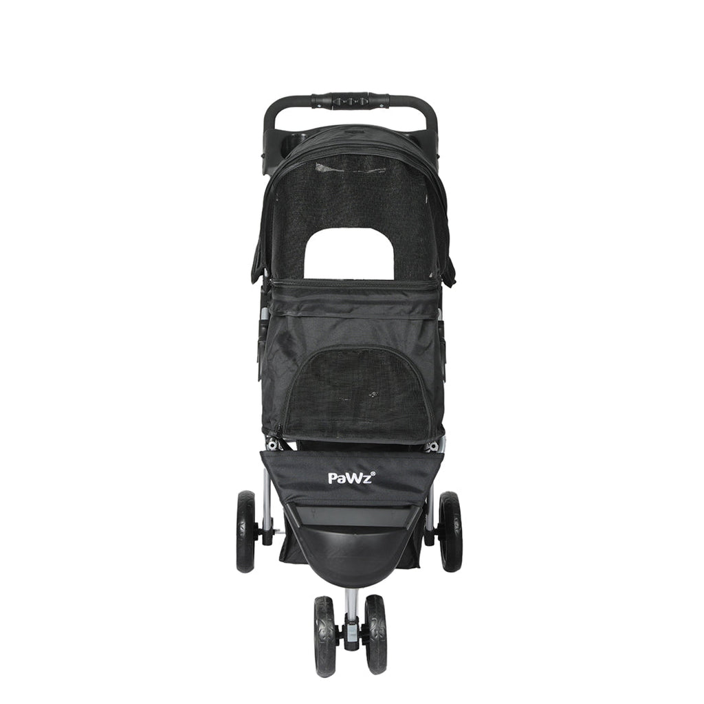 Large black pet stroller with a foldable steel frame, mesh windows, and durable waterproof fabric